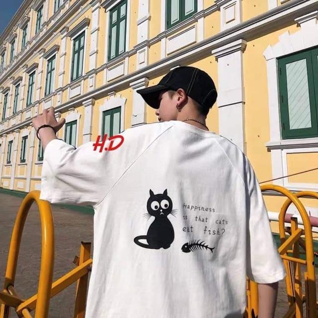 Áo phông mèo đen xương cá in lưng HDA0619