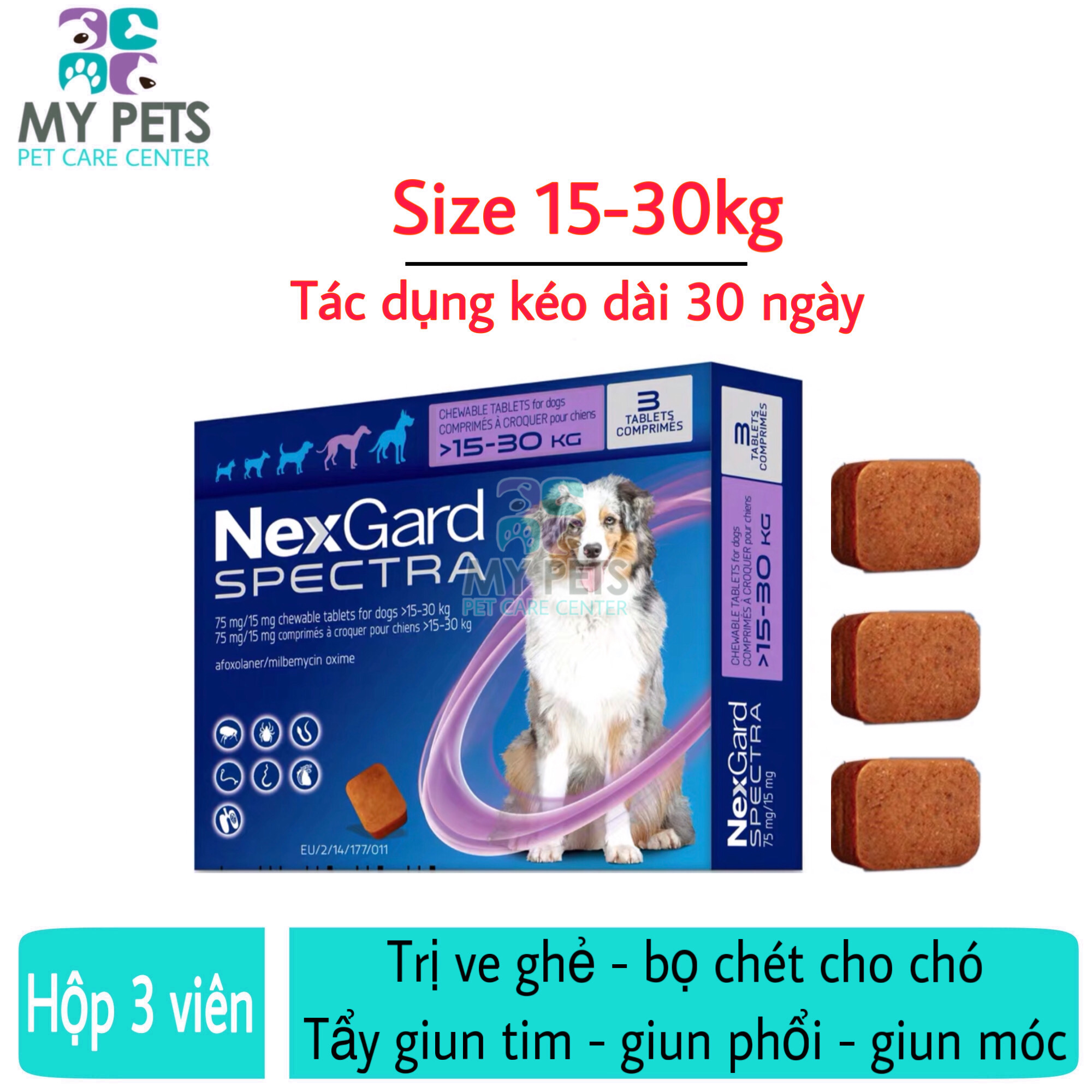 NEXGARD SPECTRA Thuốc trị ve ghẻ, bọ chét, demodex, tẩy giun cho chó - Hộp 3 viên (15-30kg)