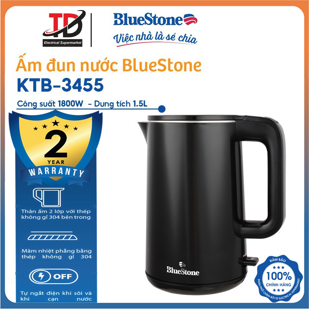Ấm Đun Siêu Tốc BlueStone KTB-3455, 2 Lớp Siêu Bền ( 1.5L - 2200W) - Bảo Hành Chính Hãng 2 Năm