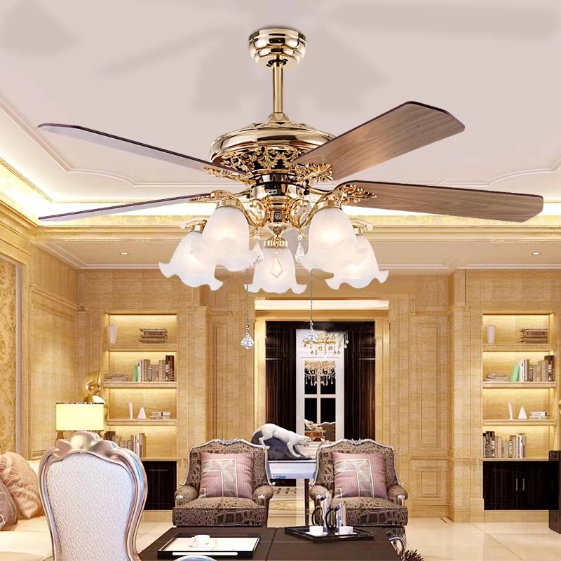 Quạt trần trang trí 5 cánh gỗ, 5 bóng đèn