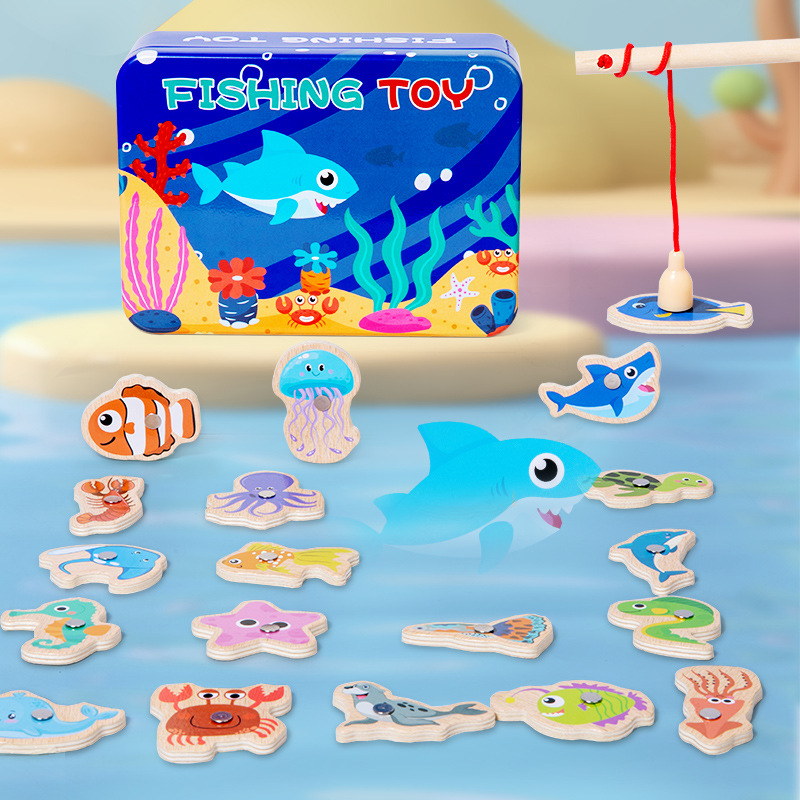 Wooden magnetic fishing toy with 31 details for children