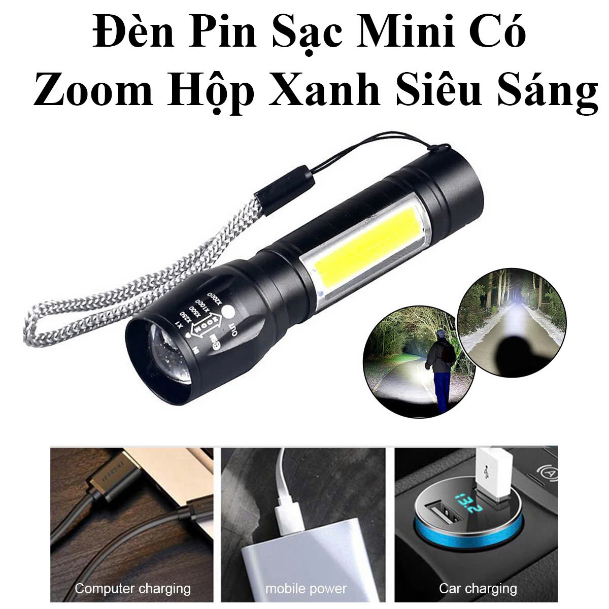 Super Bright Rechargeable Flashlight with Zoom Xpe+Cob Light