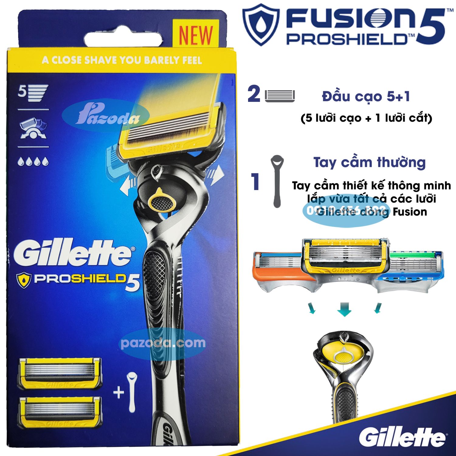 Dao cạo râu 5 lưỡi Gillette Proshield5 (1 tay cầm và 2 đầu cạo)
