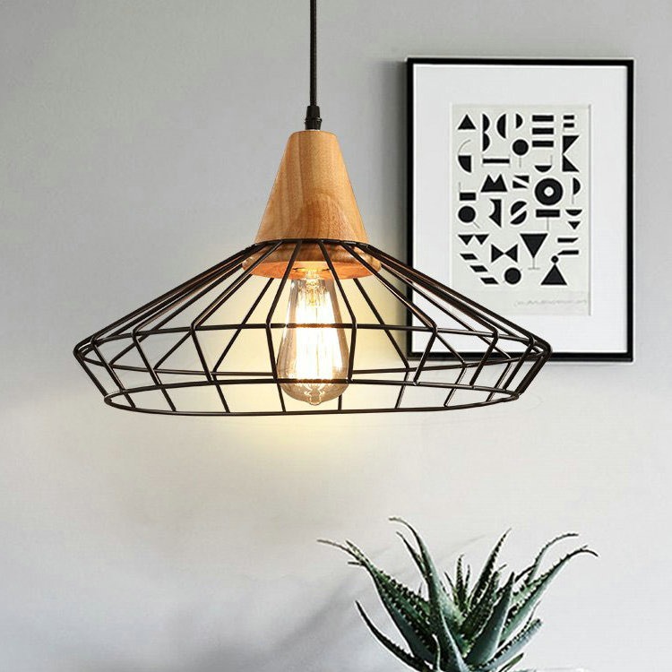 Đèn thả trang trí MONSKY RETRO đuôi sơn vân gỗ lồng sắt - kèm bóng KED chuyên dụng.