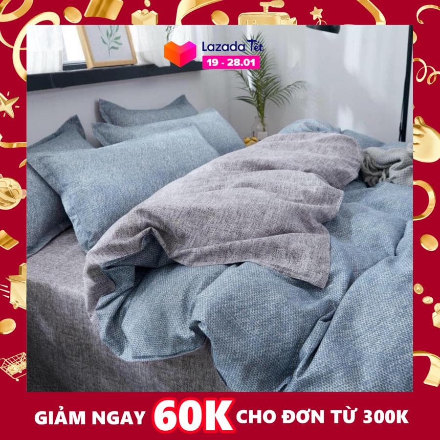 Bộ chăn ga gối basic kẻ xước phối xanh ghi.