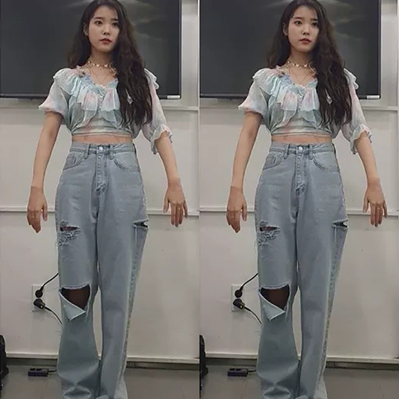 Quần Jeans rách cạp cao xanh nhạt IU