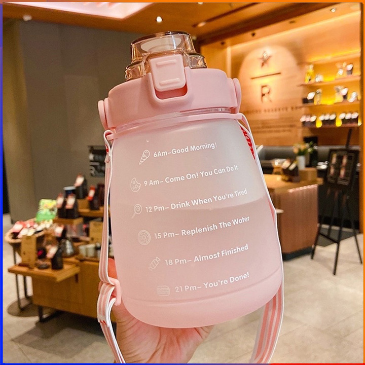 Bình Đựng Nước Có Dây Đeo, Ống Hút, Vạch Chia Giờ Uống Nước Dung Tích 1400ml