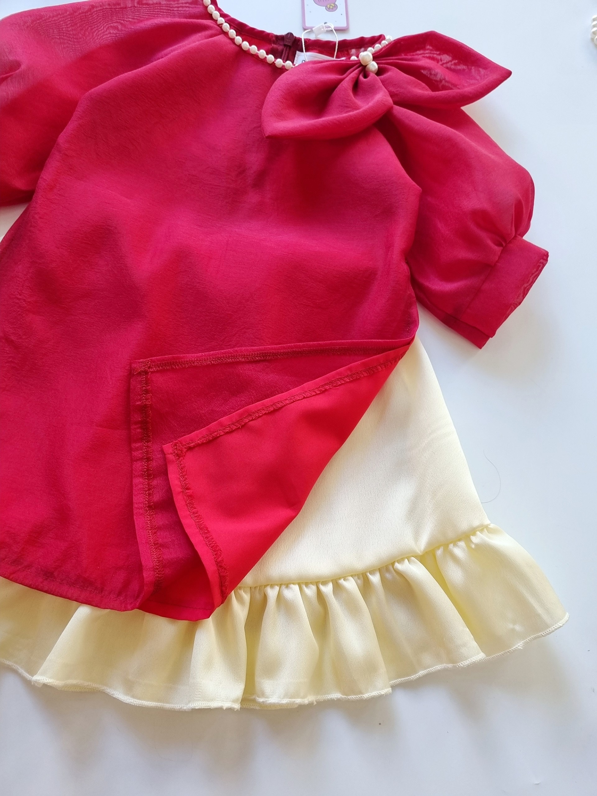 Áo Dài Cách Tân Nơ Đỏ Cao Cấp Bé Gái Áo Dài Tết Bé Gái Kèm Chân Váy & Mấn Đội Đầu Từ 6-30kg. Chất Lụa Nến Phối Lót Lụa Habutai Mềm Mại.