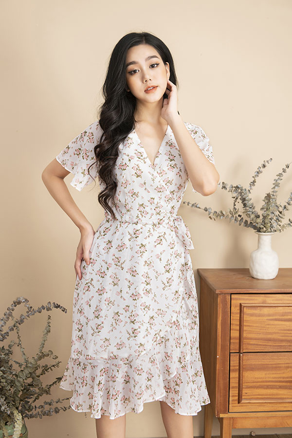 Đầm hoa nhí, váy hoa nhí thắt chéo tà trắng e1069