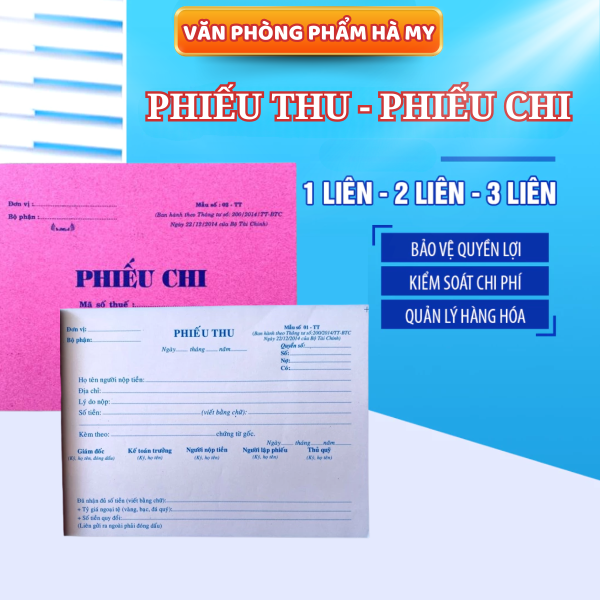 Phiếu Thu, Phiếu Chi 1 Liên, 2 Liên, 3 Liên Khổ 13 x 19cm