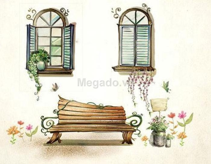 decal dán tường khung cửa sổ ghế đá xưa