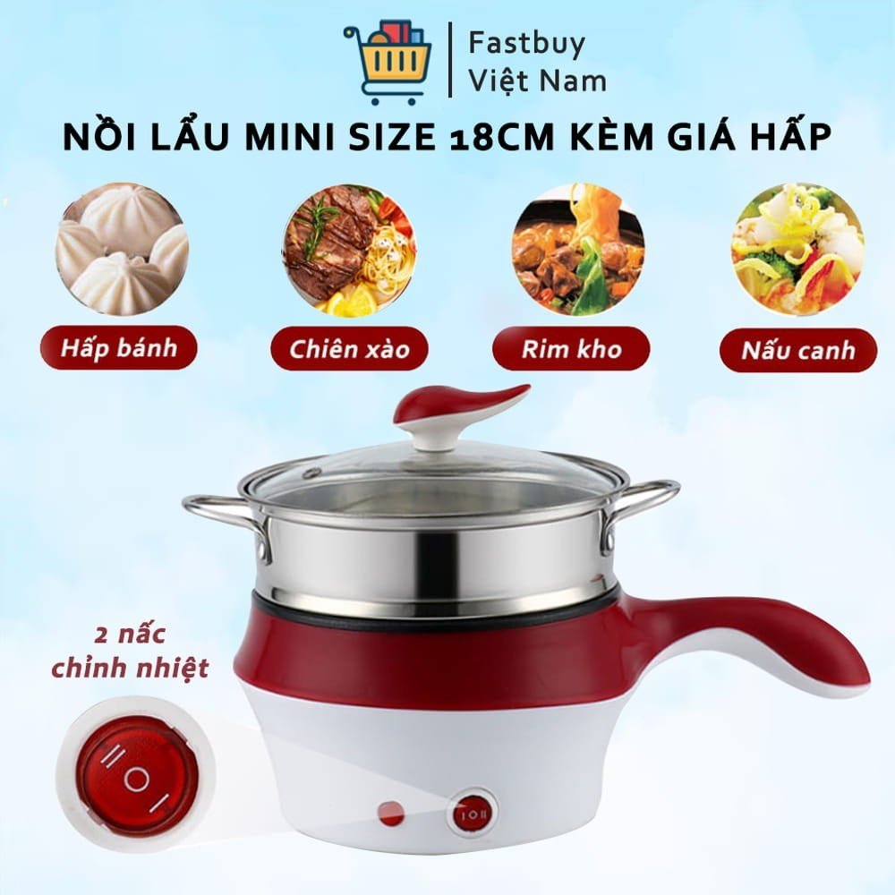 [Voucher 7% Max 800K]Ca Nấu Mì, Nồi Lẩu Mini Mẫu Mới , Nấu Cơm Đa Năng Có Tay Cầm 1,8L- 2 Nấc Nhiệt Kèm Giá Hấp Tiện Lợi