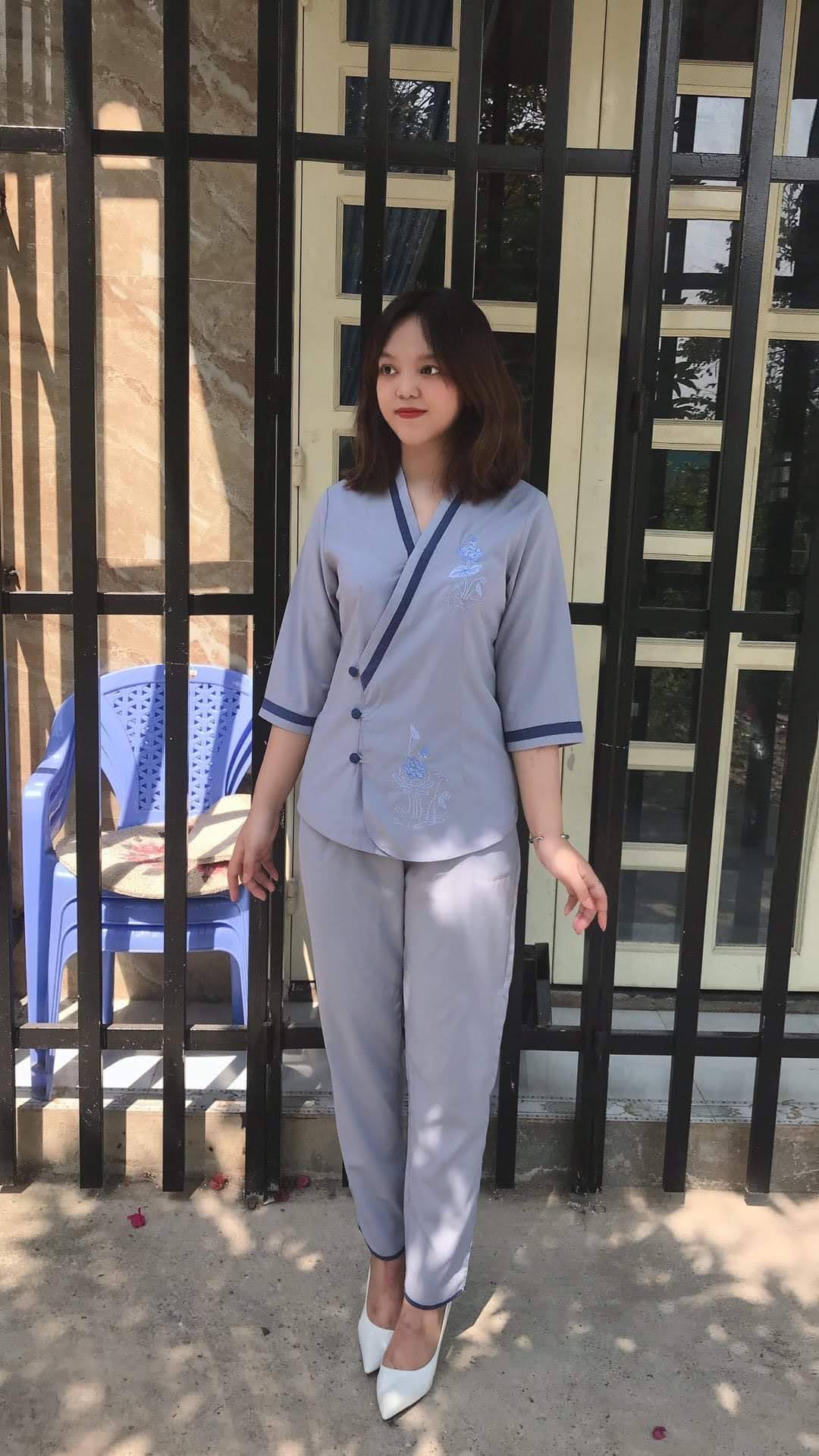 Đồ lam đi chùa nữ, đồ phật tử mẫu tim viền