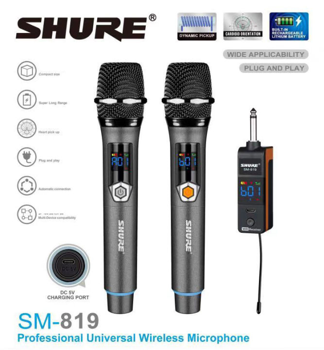Micro Không Dây Đa Năng Shure SM-819 - Micro Karaoke Cao Cấp - Micro Karaoke bluetooth không dây - micro đa năng giá rẻ - Tích Hợp Sạc Pin Trực Tiếp Ngay Trên Micro, Âm Thanh Mượt Mà Bắt Sóng Lên Đến 25m Chuyên Dùng Cho Loa Kéo, Vang, Amply