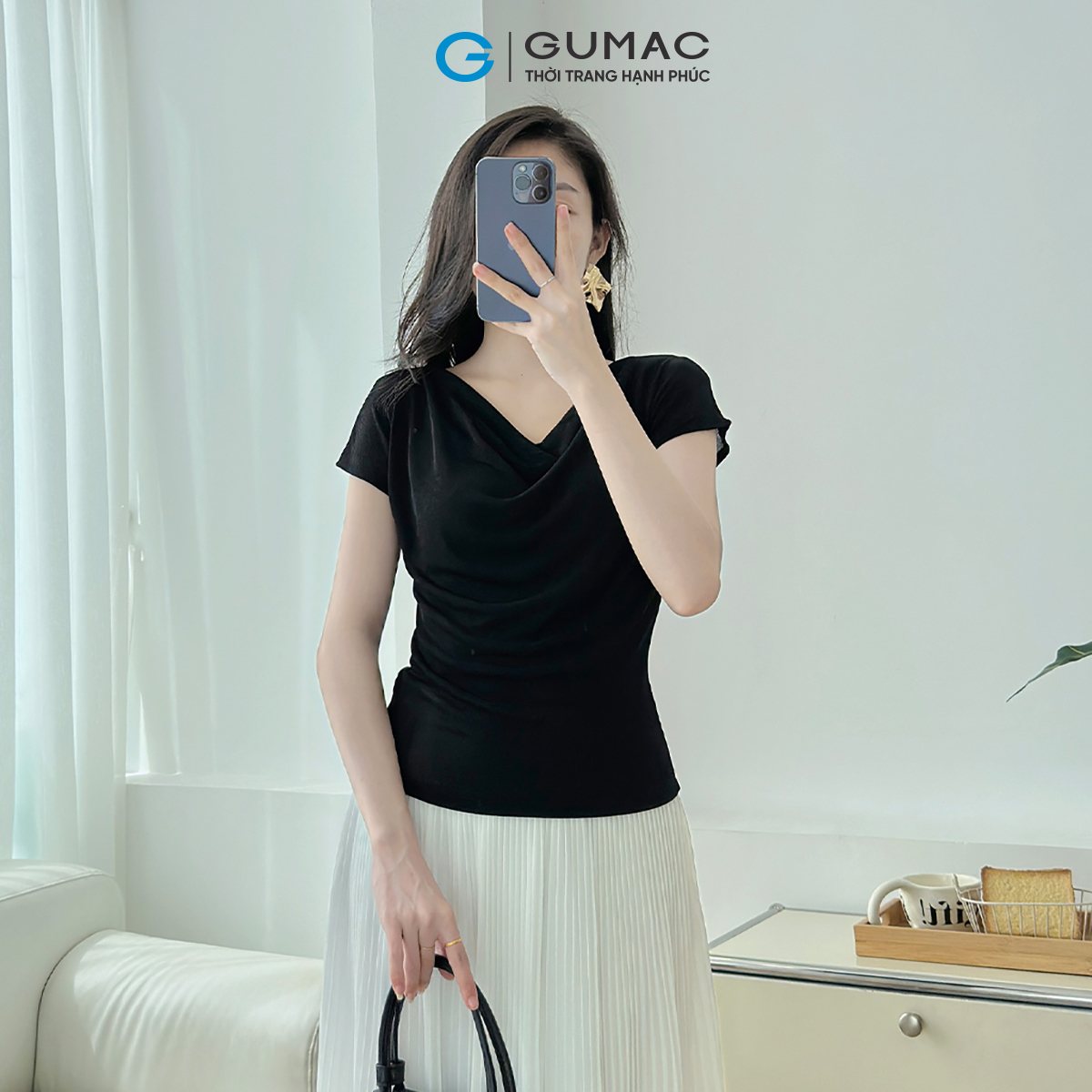 [MUA 2 CHỈ 199K/Áo] Áo Thun Cổ Đổ GUMAC Áo Thun Kiểu Sang Trọng Áo Đi Tiệc Vải Thun Ánh Nhung Co Giãn Tôn Dáng ATE01031