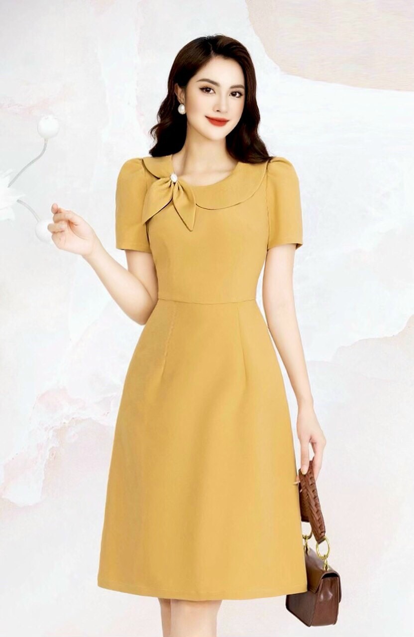 Đầm cổ sen lệch kết nơ nhiều màu