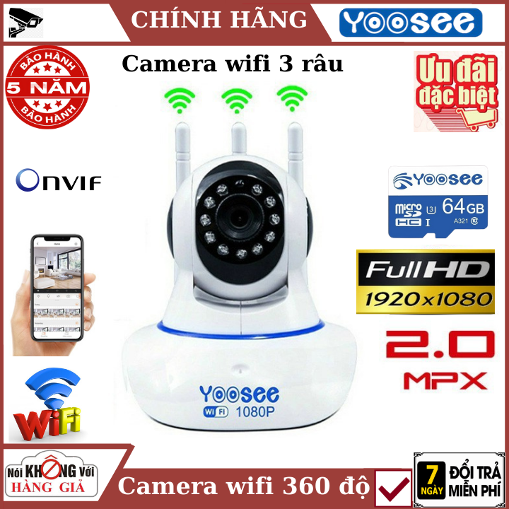 >> BÁO GIÁ CAMERA - CAMERA WIFI - CAMERA YOOSEE 5 RÂU KÈM THẺ NHỚ 128GB HIỂN THỊ 2.0 MPX CẢNH BÁO CHUYỂN ĐỘNG, CÓ TIẾNG V | Shopee Lazada Sendo Tiki mới nhất 78 (Tùy Chọn Kèm thẻ nhớ 128GB - bảo hành 5 năm), Camera wifi yoosee 3 râu 2.0Mpx , Đàm thoại 2 chiều , cảnh báo chuyển động , xoay 360 độ , camera ip , camera 360 , camera an ninh , camera mini , camera chống trộm , camera yoosee , camera