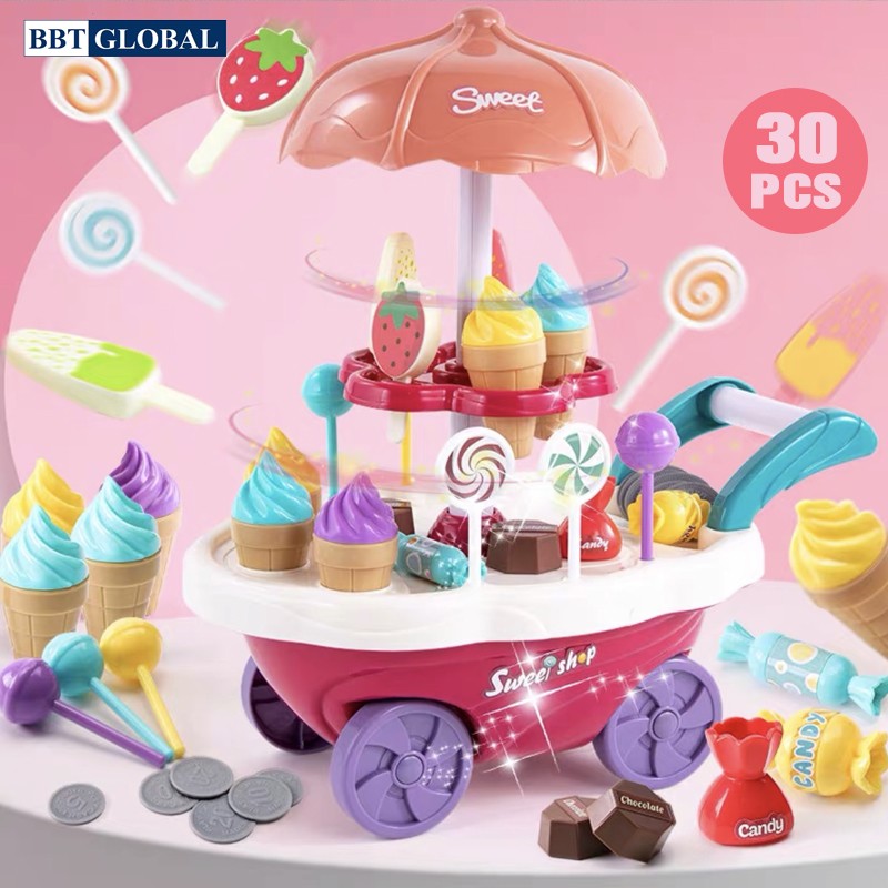 Đồ chơi xe đẩy bán kem cho bé 30 chi tiết có đèn và nhạc BBT GLOBAL 668-90