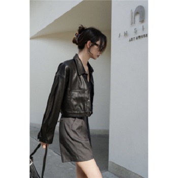Áo khoác da dáng lửng croptop basic có cúc bấm phong cách retro