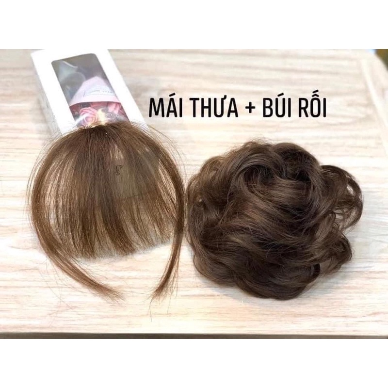 tóc giả búi xoăn + mái thưa tóc thậtt