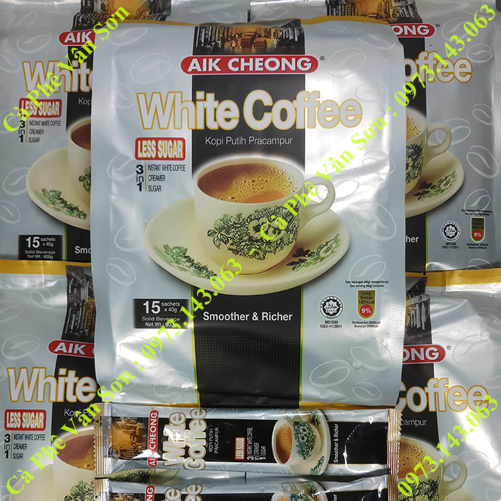 05 bịch Cà phê ít đường Aik Cheong White Coffee (less sugar) 600g (15 gói dài x 40g)