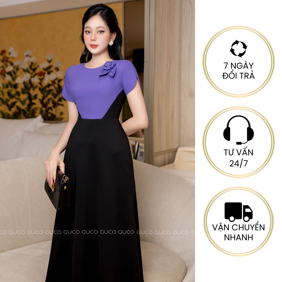 Đầm xòe đuôi cá phối áo tím kết hoa - Đen 4045