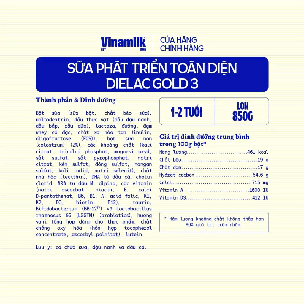 (Mẫu Mới) Sữa Bột Vinamilk Dielac Gold 3 850g.