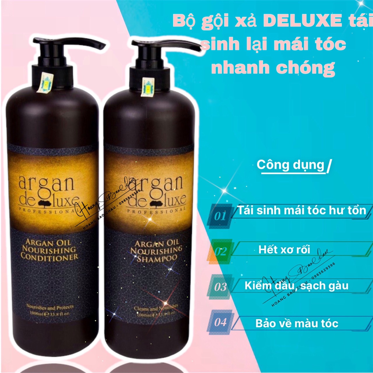 Dầu gội ARGAN DELUXE tái sinh phục hồi tóc hư tổn khô sơ kiềm dầu sạch gàu, mềm mượt, cặp gội xả - 1000ml