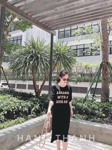 Váy xoắn lưng in chữ dáng dài