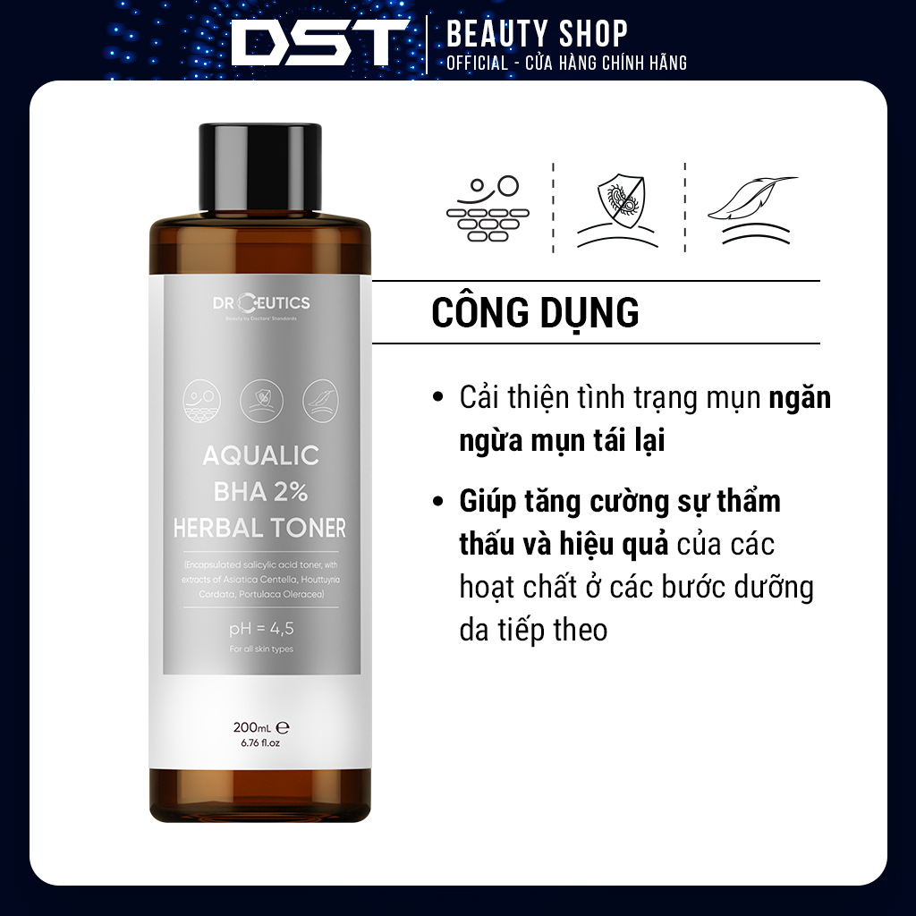 [Dược Sĩ Tiến] DrCeutics Dung dịch Cân Bằng Da AQUALIC BHA 2% HERBAL TONER - NỀN NƯỚC
