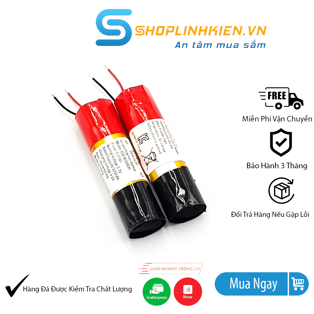 [COMBO 10 Chiếc] Pin Lipo 3.7V 220mAh trụ dài 3cm đường kính 1CM thương hiệu EVE - ShopLinhKienM2M
