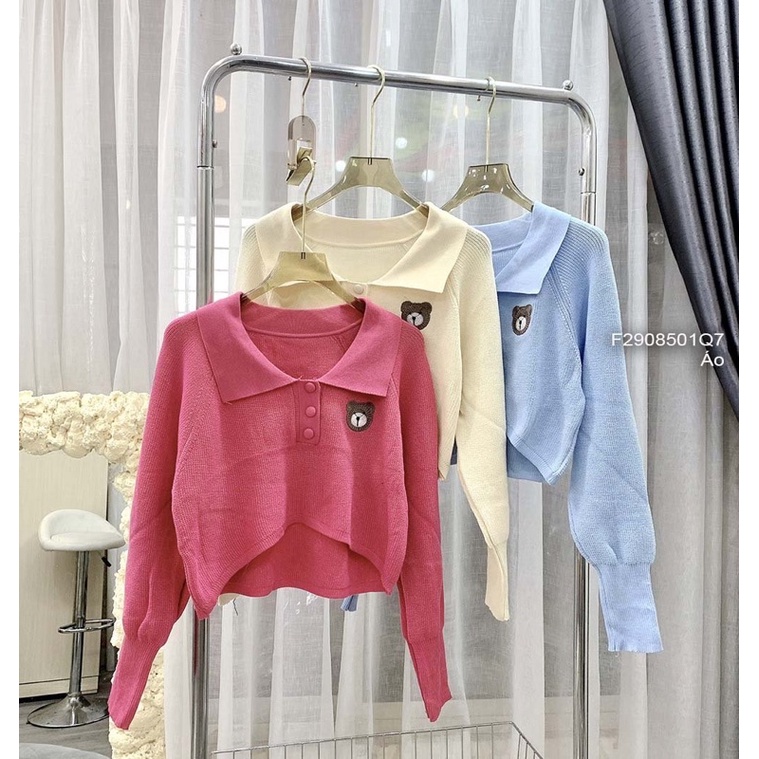 Áo len croptop cổ bẻ tay dài phối gấu
