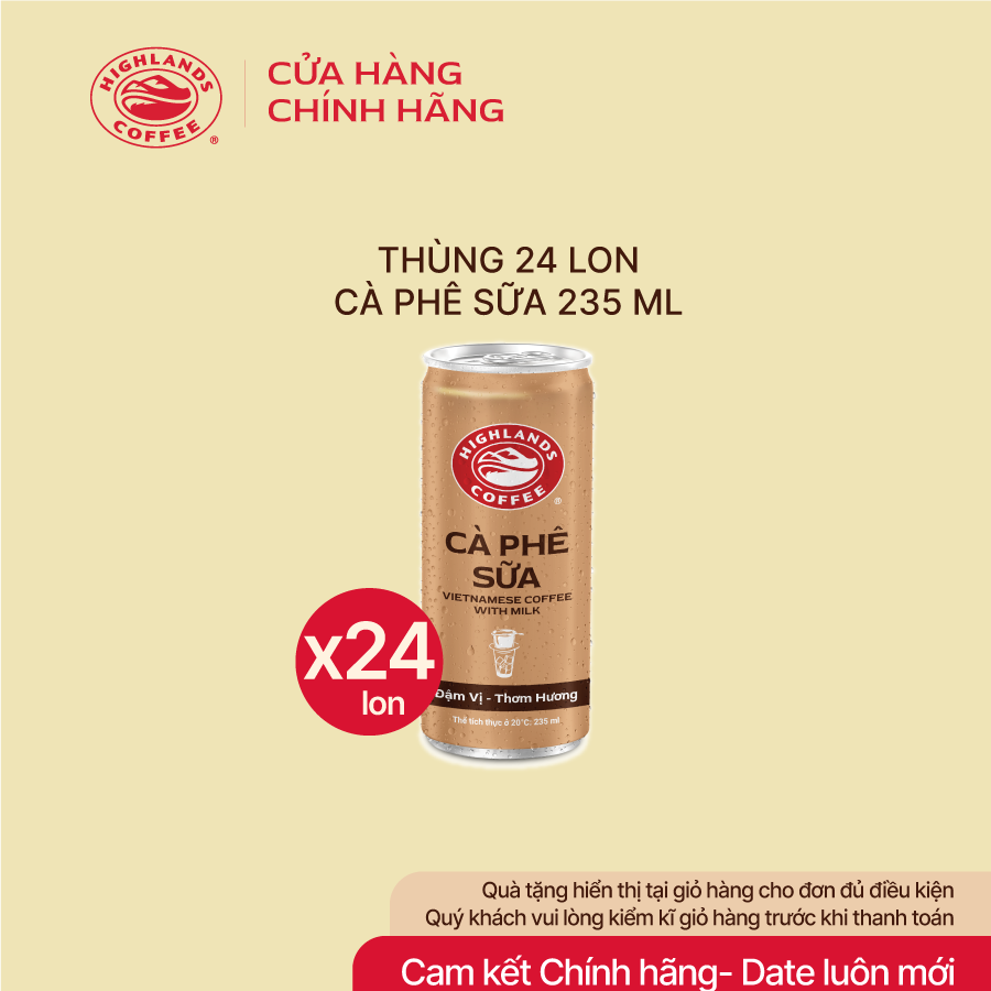 Thùng 24 Lon Cà Phê Sữa Đá Highlands Coffee 235ml/lon.