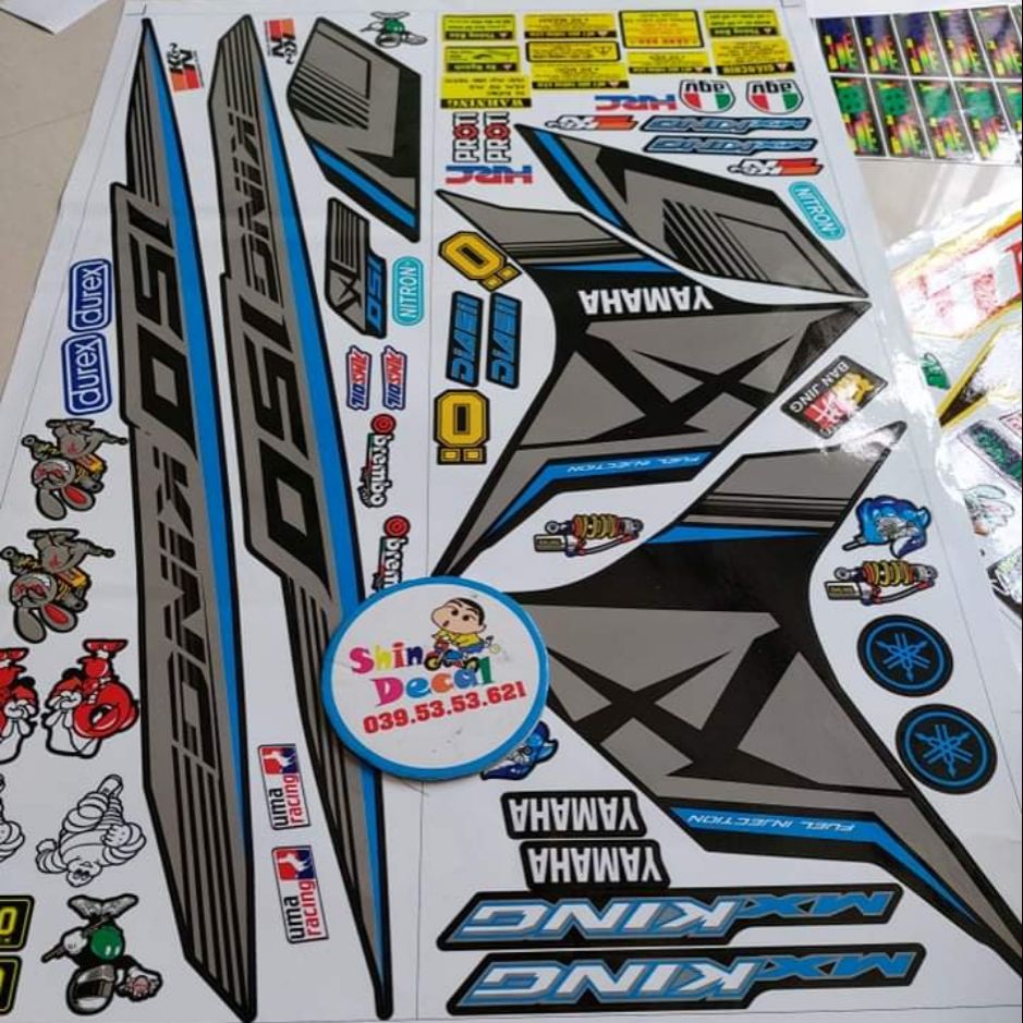 Tem exciter 150 mx king xám xanh dán xe đen tặng logo