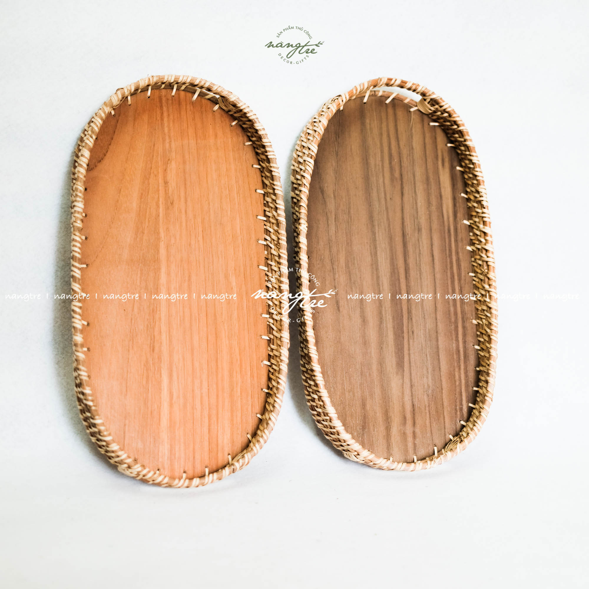 [HCM]Khay mây oval - Khay oval đế gỗ óc chó - Oval rattan tray