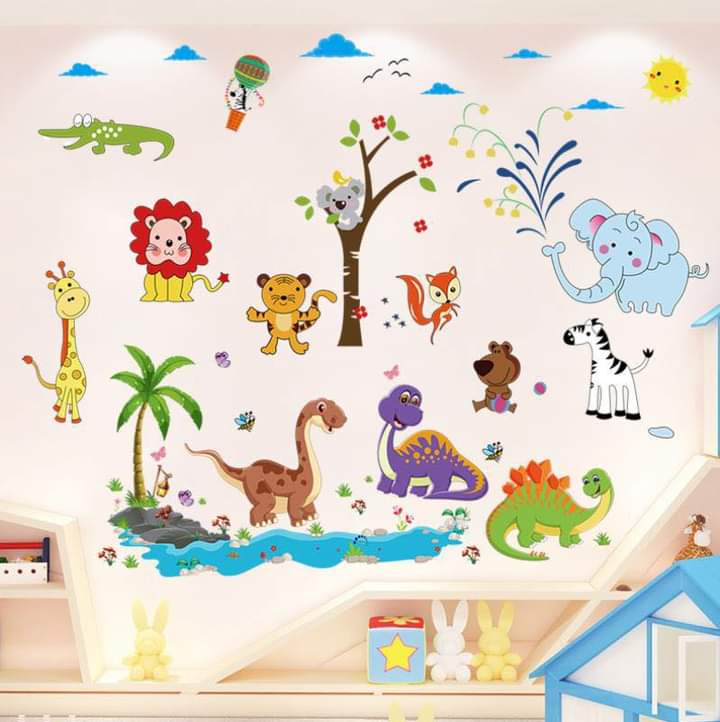 Decal dán tường khủng long và voi phun nước