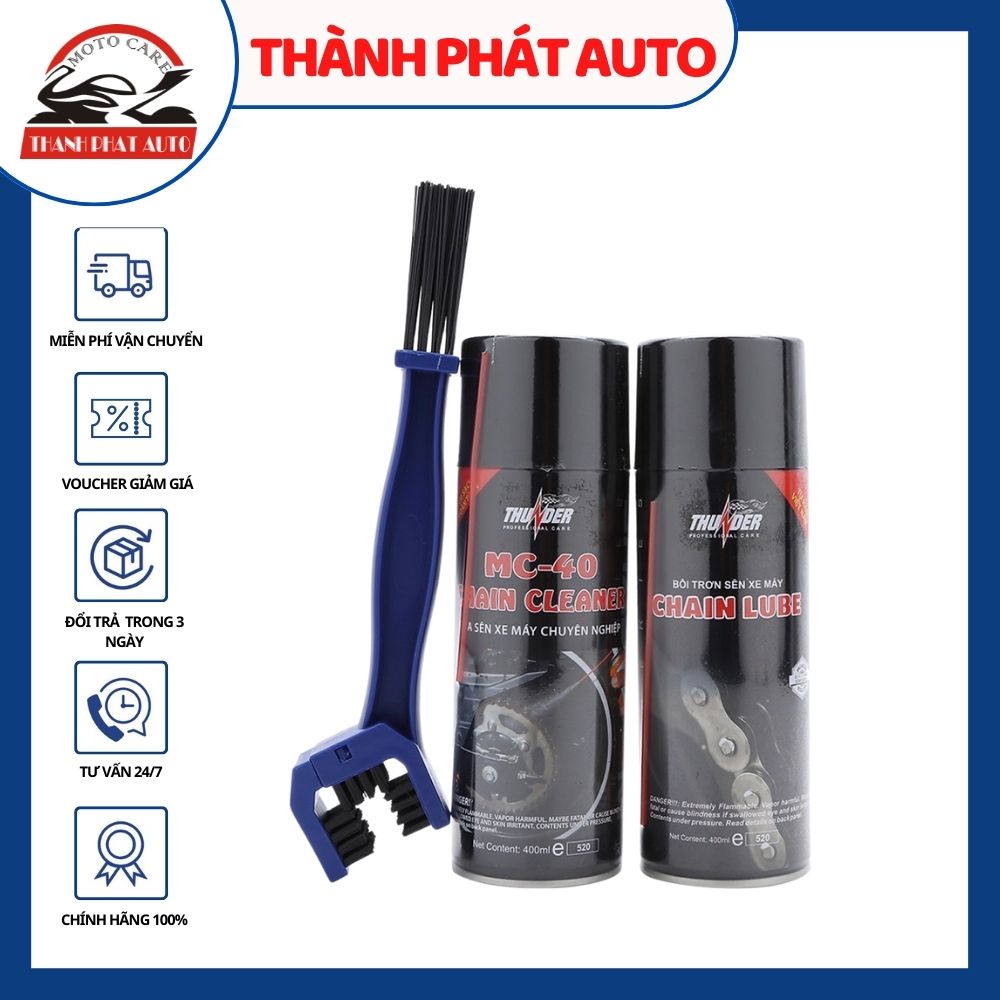 Chai xịt rửa sên MC-40 400ml và Dầu bôi trơn dưỡng sên Thunder 400ml tặng bàn chải sên chuyên nghiệp 3D