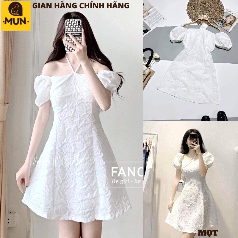 Váy trắng cổ yếm mặc được 2 kiểu - đầm gấm xốp thiết kế đi chơi đi dự tiệc tiểu thư sang chảnh nhẹ nhàng tôn dáng trẻ trung bánh bèo hàn quốc - mun v100