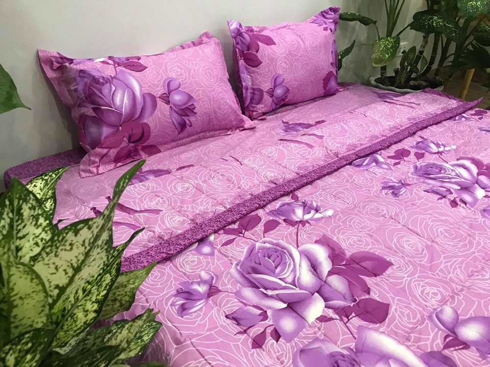 Bộ Chăn Ga Gối Cotton Poly - Hình Hoa Cành Tím ( 3 Món , 4 Món , 5 Món )