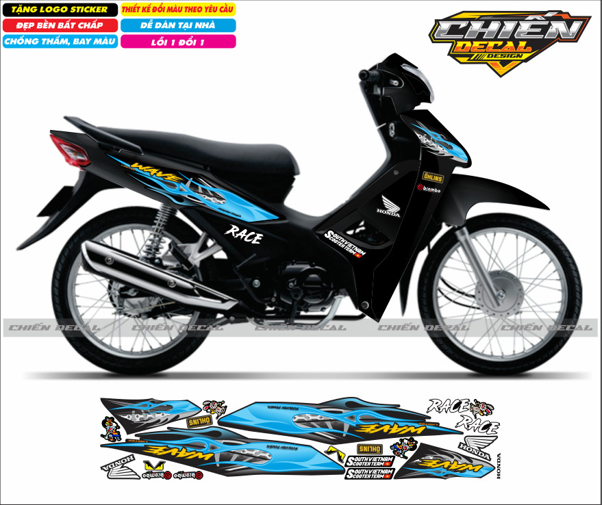 Tem rời xe wave anpha 110cc - 100cc - 50cc chế mẫu tem lửa nhiều màu lựa chọn (tem 3 lớp cao cấp)