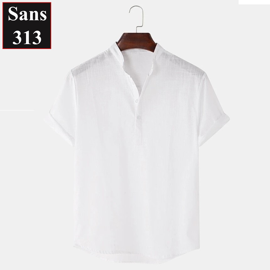 Áo sơ mi nam đũi Sans313 ngắn tay nhẹ mỏng mát thấm hút mồ hôi cổ tàu đẹp đen trắng xanh dương than nâu be cao cấp
