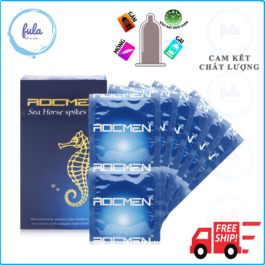 Bao Cao Su Siêu Gai Gân Kéo dài thời gian Cao Cấp Rocmen Cá Ngựa Xanh Sea Horse Spikes chứa nhiều Gel bôi trơn chống xuất tinh sớm Fula