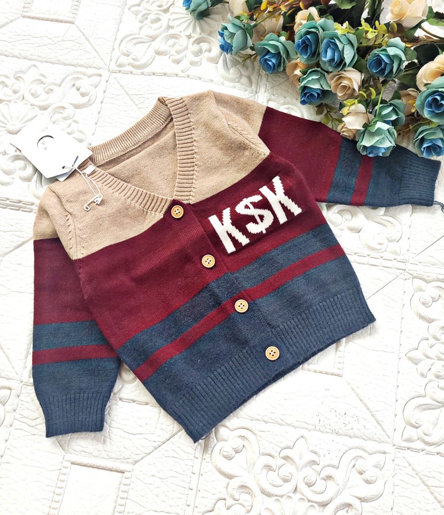 Áo len cổ tim nút gài họa tiết k&k cho bé 06-16kg