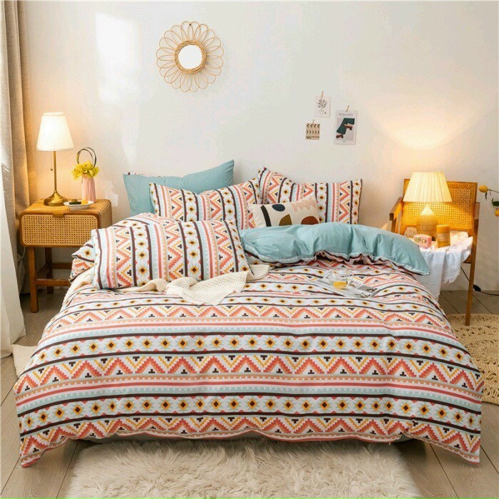 Bộ Chăn Ga Gối Cotton Poly - Thổ Cẩm Cam ( 1 Drap + 2 Vỏ Gối Nằm + 1 Vỏ Chăn ) Tiệm Nhà Cá