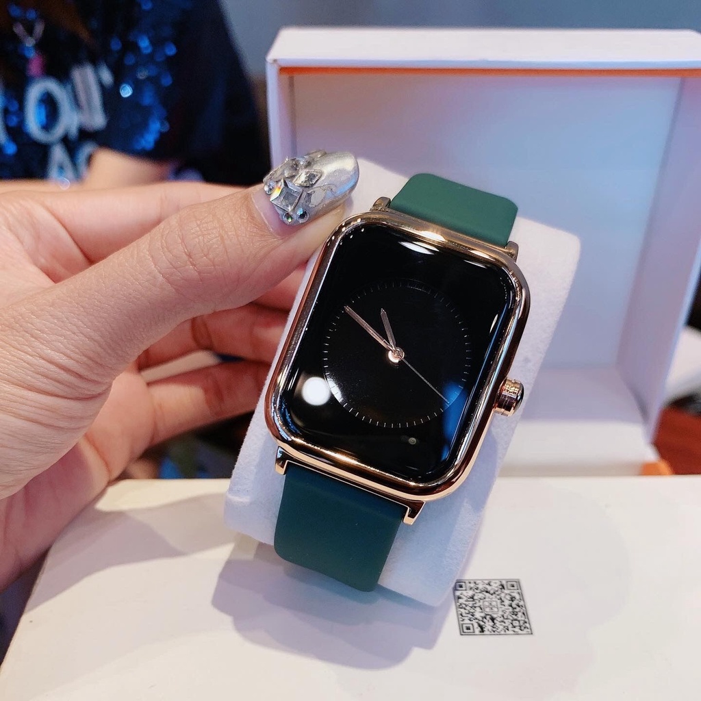 Đồng hồ nữ guou quai silicol mặt chữ nhật siêu hot 2021 bản dây aple