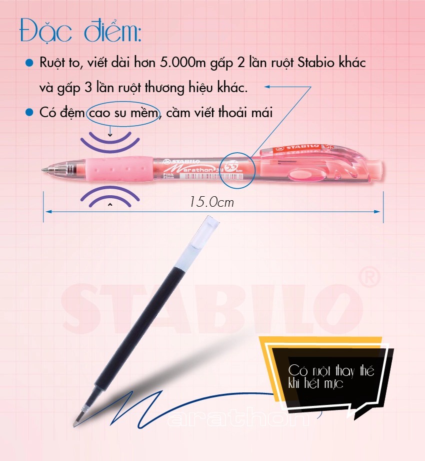 Bút bi STABILO Marathon BP318F (Xanh biển, Đen, Đỏ, Hồng, Xanh lá, Tím)