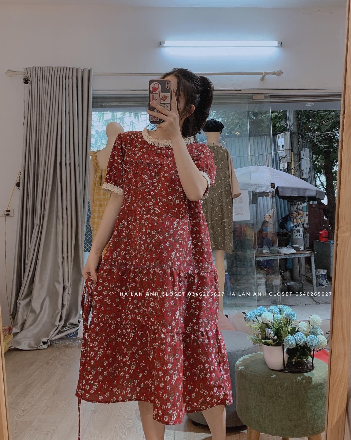 Váy Bầu hè  hoa nhí cổ bèo Dáng Suông Cổ Tiểu Thư-đầm bầu đẹp