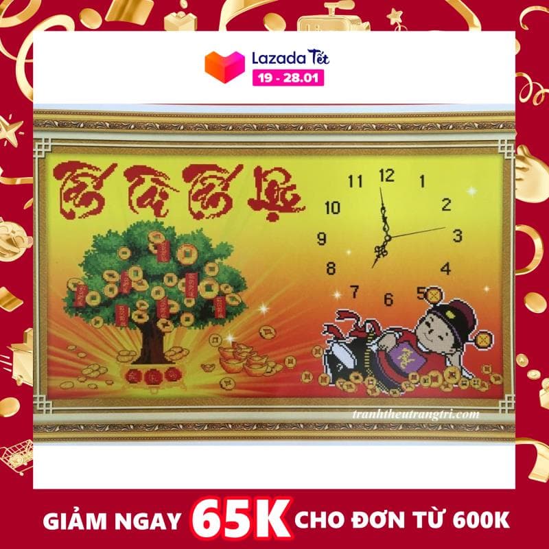 [HCM]Tranh Thêu Chữ Thập Đồng Hồ Thần Tài 222903 kích thước70 x 42cm