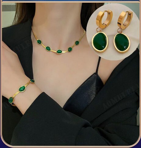 Aomulei Emerald Jewelry Set Of 3 Necklace Earrings Bracelet