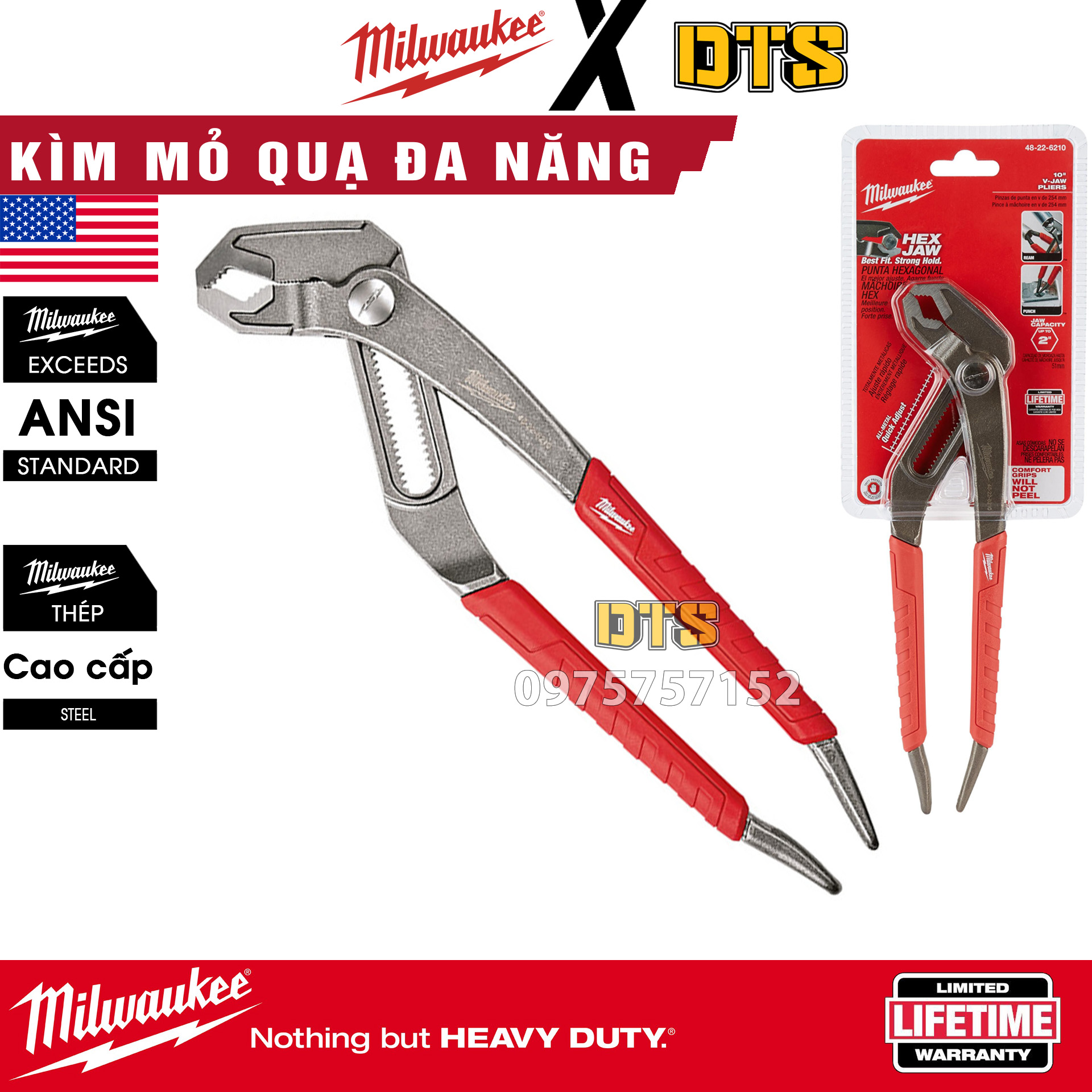 Kim mỏ quạ lục giác Milwaukee 10 inch | Kìm nước đa năng thép đúc nguyên khối tay cầm thoải mái, vặn bulong, đai ốc chuyên nghiệp 48-22-6210